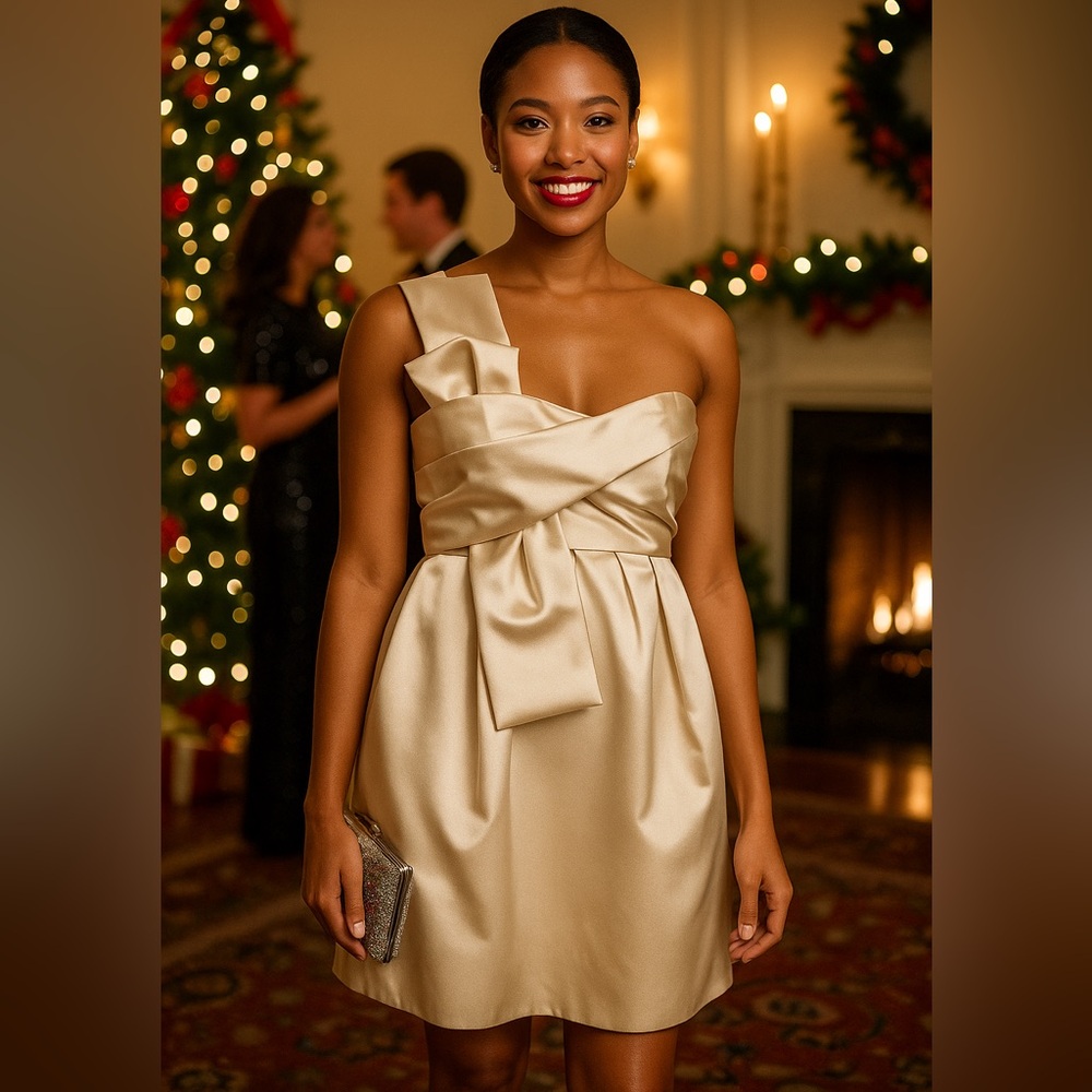 ABS | Large Bow Champagne Occasion Formal Party Dress